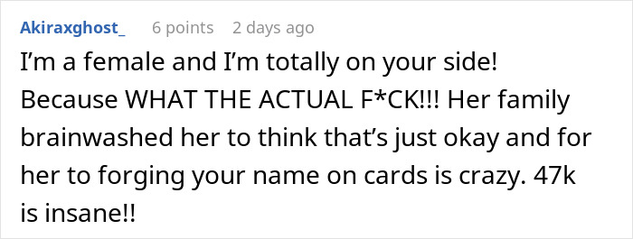 Comment expressing support after marriage falls apart due to wife treating husband like an ATM machine without shame.