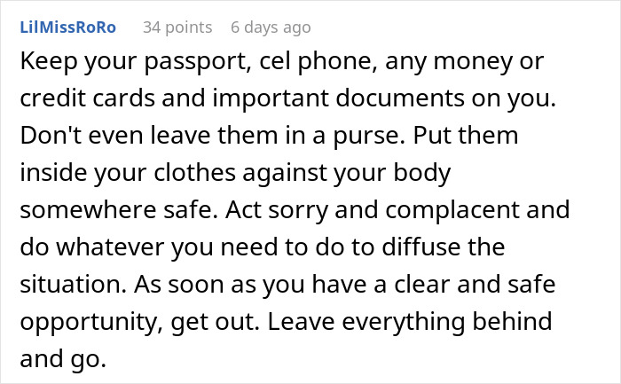 Text advice on being held hostage at parents&rsquo; place, suggesting keeping documents safe and waiting for a chance to escape.