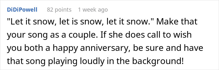 Comment about a couple stuck in a storm with mil demands wedding venue changes, suggesting a snowy anniversary song.
