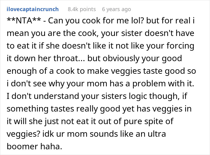 Screenshot of a Reddit comment discussing sneaking veggies into meals and the mom guilt-tripping about lying. Screenshot of a Reddit comment discussing sneaking veggies into meals and the mom guilt-tripping about lying.
