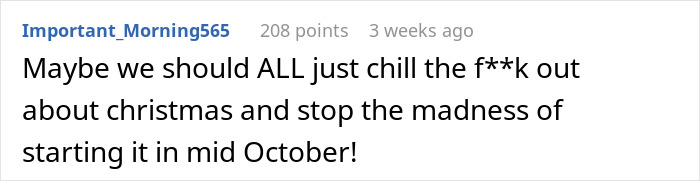 Comment criticizing adults claiming feminism while leaving holiday labor to moms, urging to stop Christmas madness.