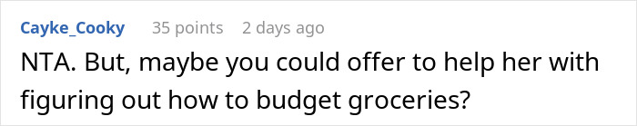 Comment suggesting to offer help with budgeting groceries in a discussion about mom accused of embarrassing son&rsquo;s girlfriend.