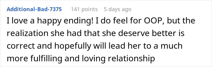 Screenshot of a Reddit comment discussing relationship realizations about a man losing his girlfriend over a crush at work.