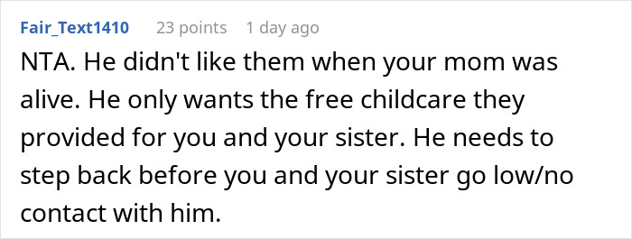 Screenshot of an online comment discussing a dad cutting off late wife’s family and family tensions over a new baby. Screenshot of an online comment discussing a dad cutting off late wife’s family and family tensions over a new baby.