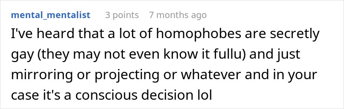 Screenshot of an online comment discussing secretly gay teens and homophobic parents in a conversation about respect and identity.