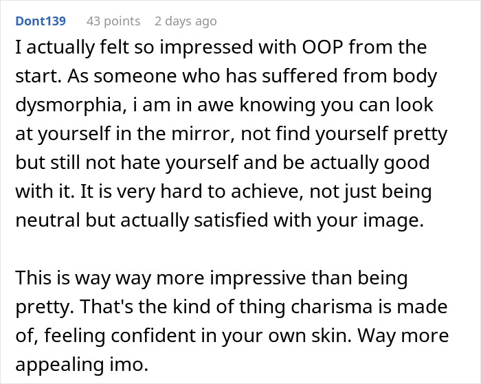 Screenshot of an online comment discussing body dysmorphia and confidence related to appearance before wedding photos.