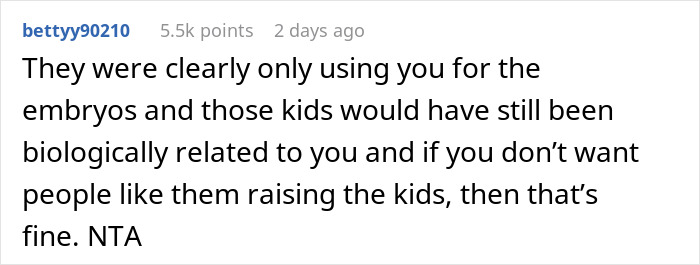 Screenshot of a social media comment discussing a couple deciding to destroy their embryos after a friend's true colors are revealed. Screenshot of a social media comment discussing a couple deciding to destroy their embryos after a friend's true colors are revealed.