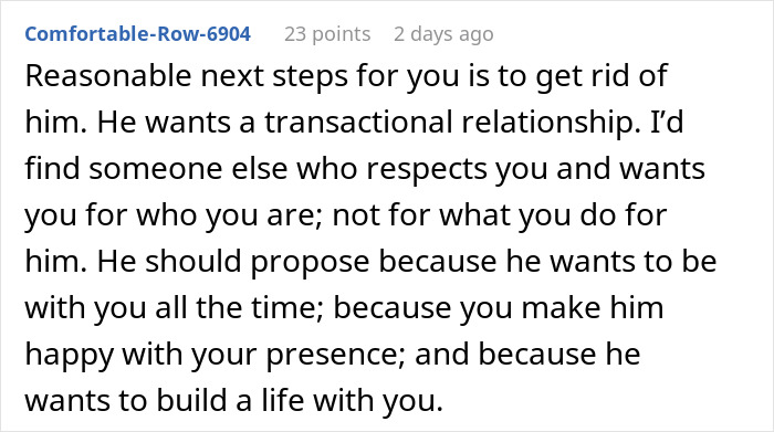 Comment advising to end relationship after man tells girlfriend she must earn engagement ring, sparking drama. Comment advising to end relationship after man tells girlfriend she must earn engagement ring, sparking drama.