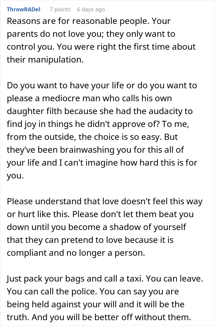 Comment discussing control and manipulation in a hostage situation at parents&rsquo; place and advice on how to escape.