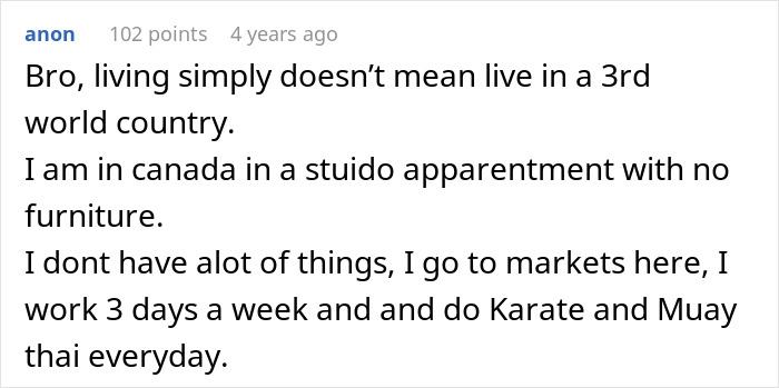 Comment about living simply and rejecting the idea of moving to an African country to lead a more simple lifestyle.
