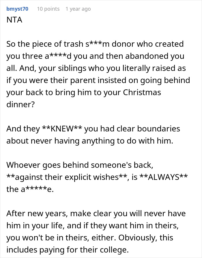 Screenshot of a user comment discussing boundaries and sibling conflicts after a surprise involving family members.