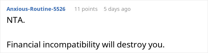 Commenter discussing financial incompatibility causing relationship issues after fiancée demands $35k for wedding expenses. Commenter discussing financial incompatibility causing relationship issues after fiancée demands $35k for wedding expenses.