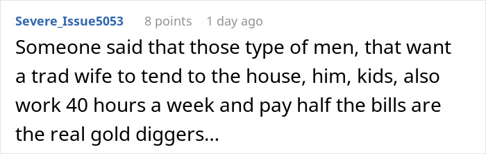 Screenshot of a comment discussing toxic men venting about traditional wives and challenging their logic online.