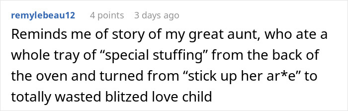 Comment text about a sister&rsquo;s barefoot spiritual advisor causing comical chaos at Thanksgiving dinner.