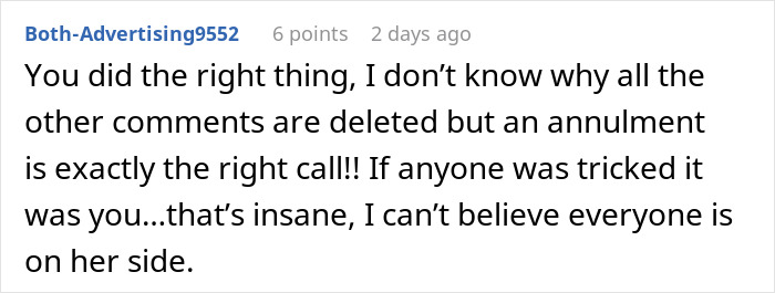 Comment from user Both-Advertising9552 expressing support for annulment due to wife treating husband as ATM machine.