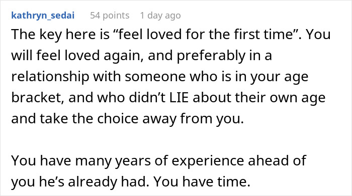 Comment explaining the impact of age deception in relationships and the importance of honesty for lasting trust.