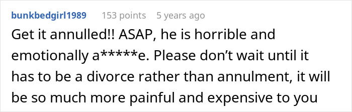 Screenshot of an online comment discussing marriage troubles and urging annulment after emotional damage.