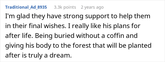 Screenshot of a Reddit comment discussing support for final wishes and plans for burial without a coffin.