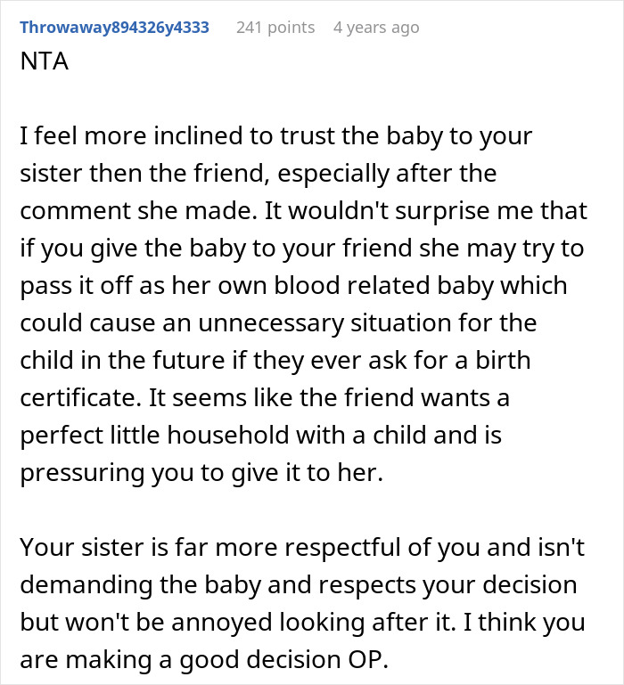 Reddit comment discussing trust issues and adoption decisions involving a white baby and a racist friend's demands.