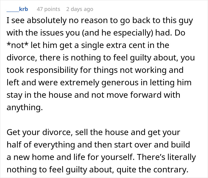 Comment on divorce regret sharing advice to move forward and avoid guilt after divorce and separation issues.