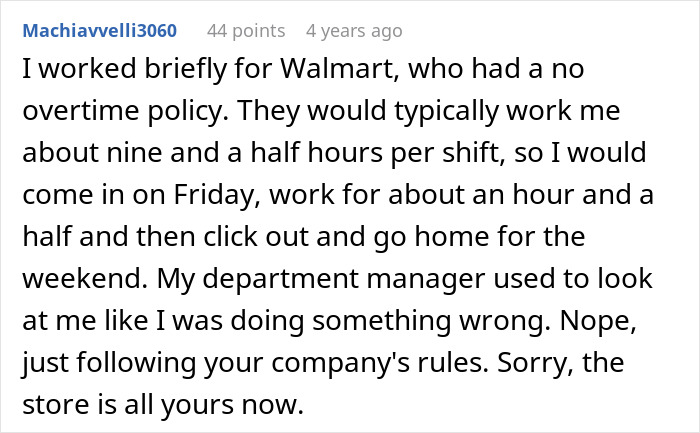 Comment from user about manager forcing employee to follow rules at coffee shop, leading to a backfire the next day.