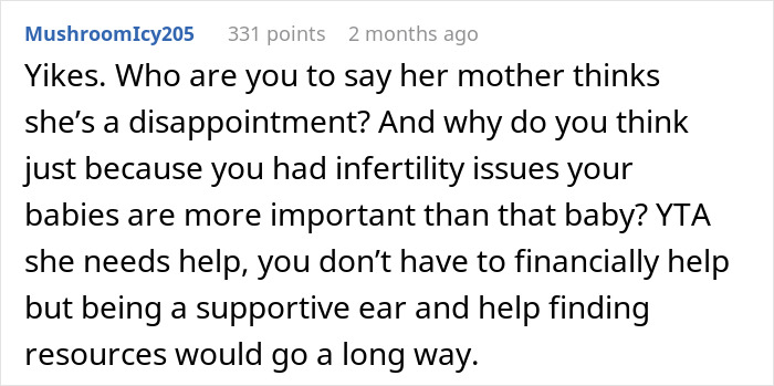 Comment discussing a stepmom delivering a brutal reality check to pregnant stepdaughter, with views on infertility and support. Comment discussing a stepmom delivering a brutal reality check to pregnant stepdaughter, with views on infertility and support.