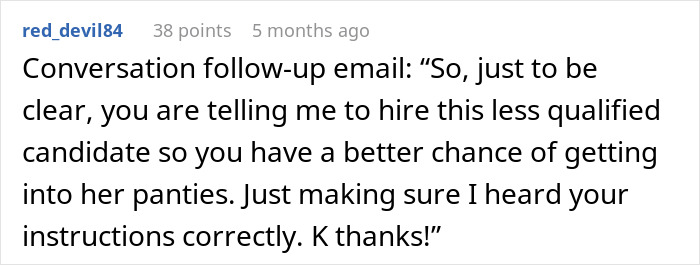 Screenshot of a Reddit comment discussing a boss making an employee hire his crush and the awkward outcome. Screenshot of a Reddit comment discussing a boss making an employee hire his crush and the awkward outcome.