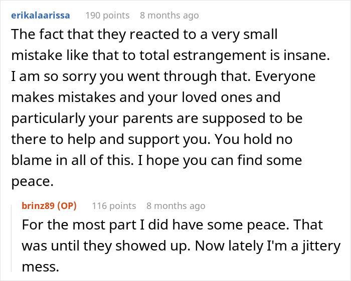 Reddit conversation about family stalking a guy they disowned 15 years ago, sharing feelings of shame, guilt, and embarrassment.