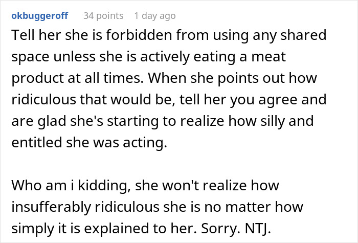 Comment discussing refusal to follow roommate&rsquo;s strict vegan kitchen rules and calling behavior selfish in shared living space.