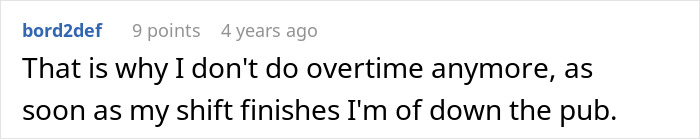 Text comment about a coffee shop worker refusing overtime after being forced to follow manager rules, causing a backfire.