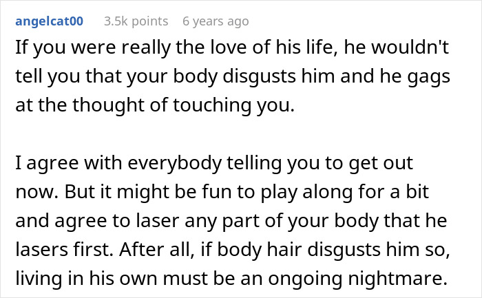 Online comment reacting to boyfriend demanding girlfriend laser off all body hair, sparking backlash about body disgust and control.