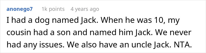 Comment discussing a dog and cousin’s son both named Jack, relating to sister demanding cat be renamed or rehomed. Comment discussing a dog and cousin’s son both named Jack, relating to sister demanding cat be renamed or rehomed.