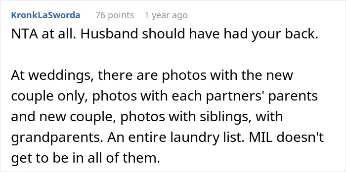 Comment discussing MIL deciding to wear a white dress to son's wedding, shocking bride who excludes her from photos.