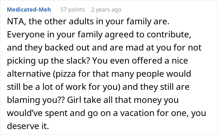 Comment discussing lazy relatives not bringing food to Christmas dinner and the host choosing pizza as an alternative.