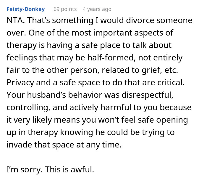 Comment discussing the ethical concerns of recording private therapy sessions out of concern and the resulting shock and anger.