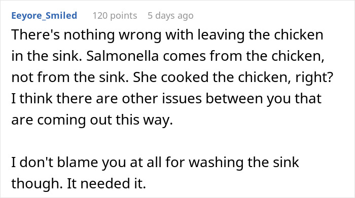Comment discussing concerns about how mother-in-law prepares chicken and risks of getting sick from improper handling.