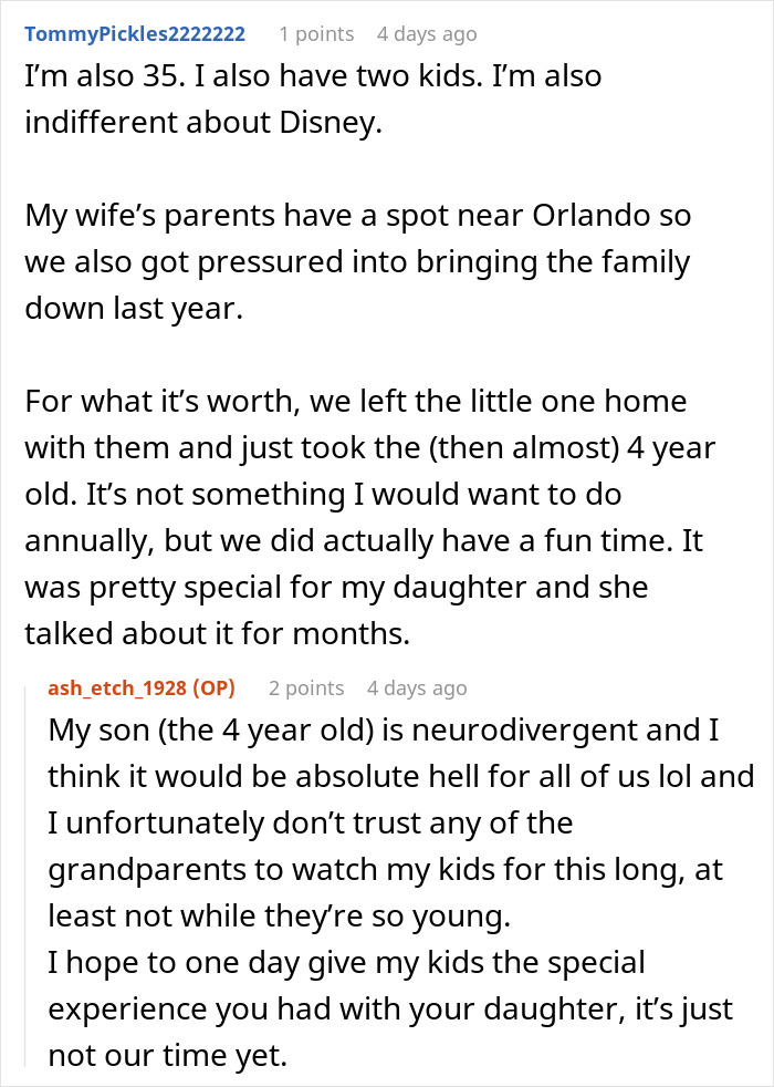 Reddit conversation discussing family trip to Disney, highlighting daughter's experience and challenges with debt and guilt. Reddit conversation discussing family trip to Disney, highlighting daughter's experience and challenges with debt and guilt.