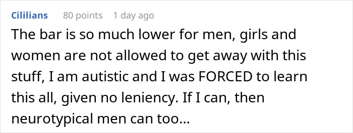Alt text: Screenshot of a comment discussing perceived lower standards for men in relationships and the pattern they follow.