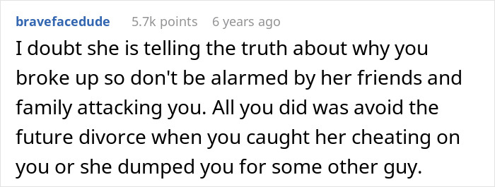Screenshot of a Reddit comment discussing relationship breakup and the impact of a fianc&eacute;e&rsquo;s unexpected request months before wedding.