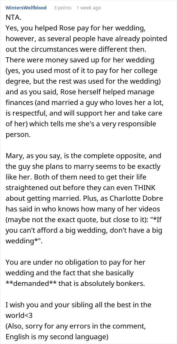 Screenshot of a detailed online comment discussing financially unstable woman rushing into marriage and financial responsibility.