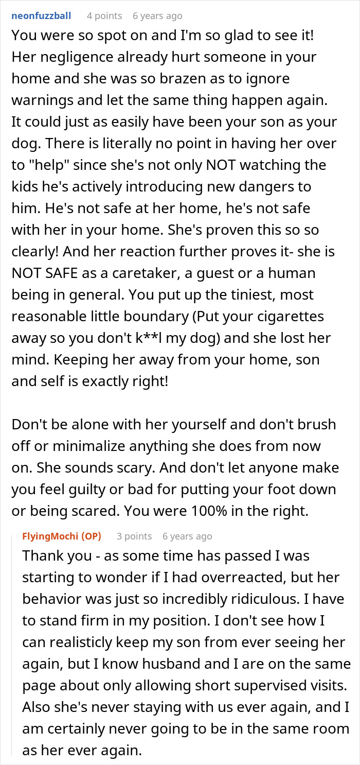 Comment discussion about MIL poisoning family dog and causing harm, emphasizing boundaries and safety concerns in the home.