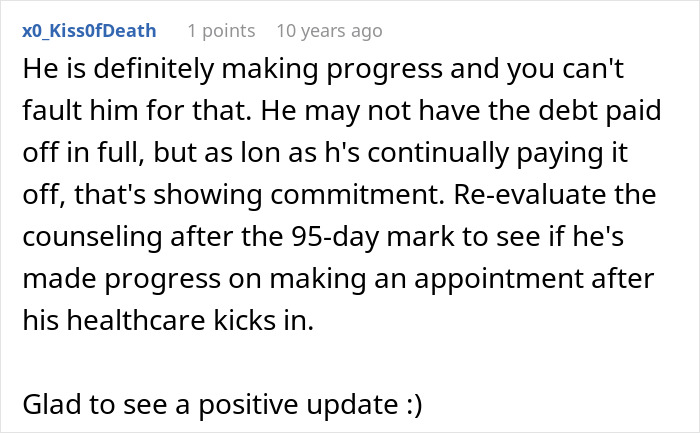 Screenshot of an online comment discussing progress and commitment in a relationship with ongoing challenges.