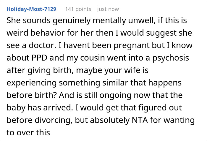 ALT text: Reddit comment discussing mental health concerns related to postpartum psychosis amid newborn name dispute and couple breakup tensions
