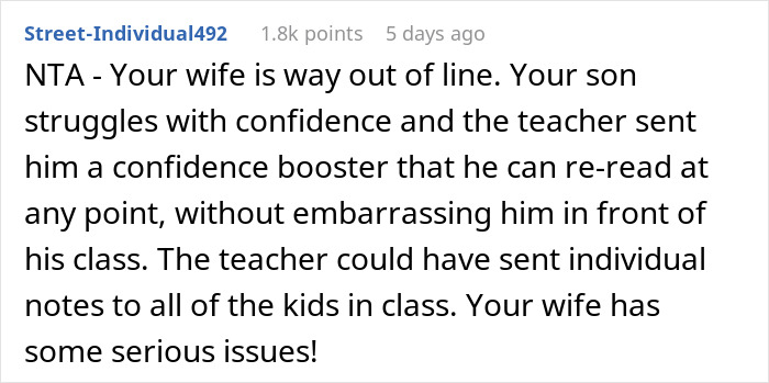 Comment discussing mom furious over teacher's inappropriate note to her son and dad's opinion on overreaction.