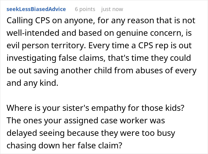 Screenshot of online comment criticizing a sister for calling CPS on autistic son as a supposed empathy lesson.