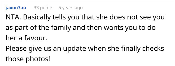 Reddit comment discussing exclusion from family photos after homophobic mother-in-law issues.
