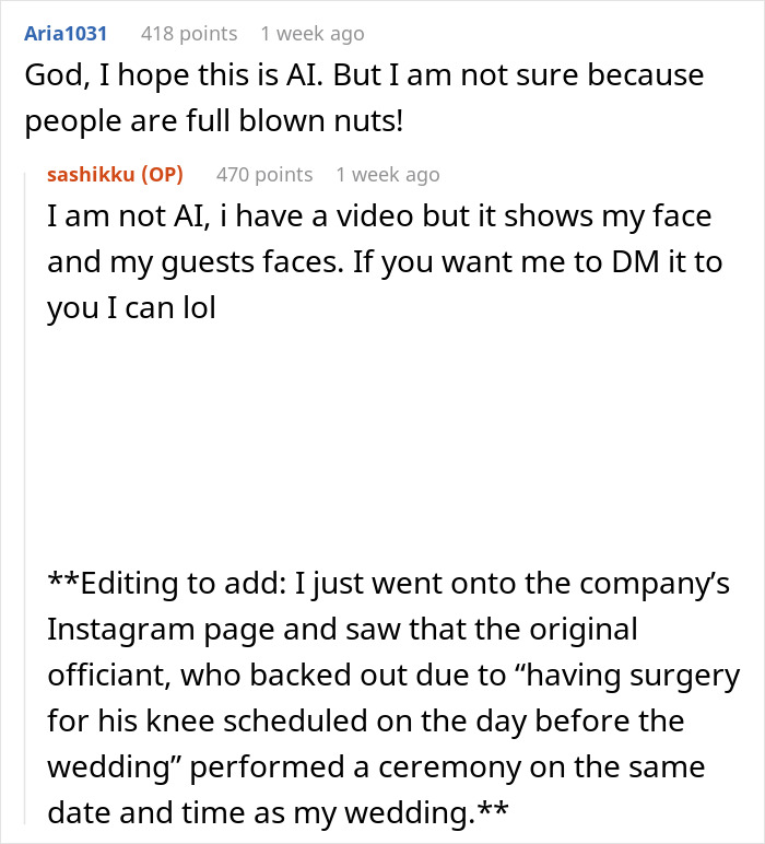 Text conversation about a wedding officiant mix-up causing a bride to lose it after catching the bouquet.