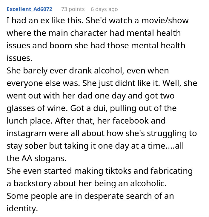 Comment discussing a woman excusing behavior with self-diagnosed autism and struggling with identity and alcohol issues.