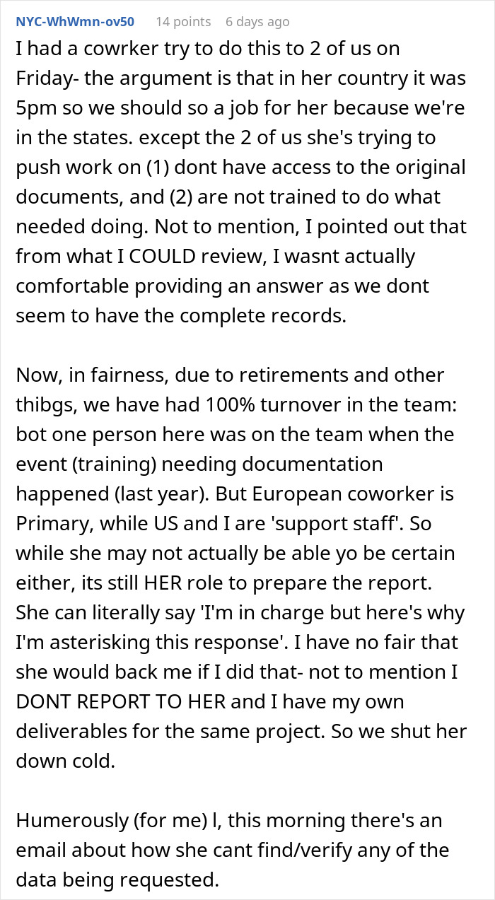 Text post describing a coworker refusing to fix her mistake and getting mad when the call is handed back to her. Text post describing a coworker refusing to fix her mistake and getting mad when the call is handed back to her.
