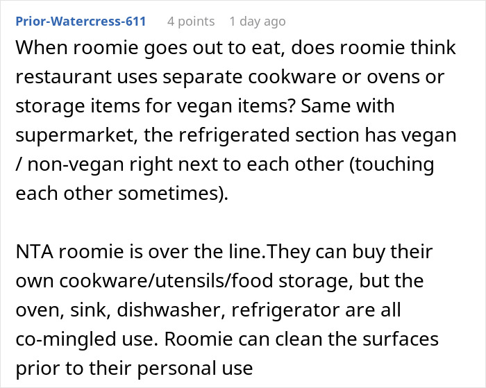 Comment discussing a person refusing to follow roommate&rsquo;s strict vegan rules in shared kitchen, called selfish.